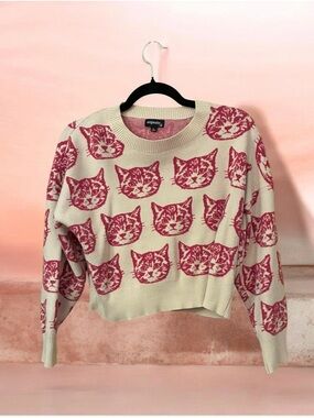 Pink Cat-Print Cream Sweater